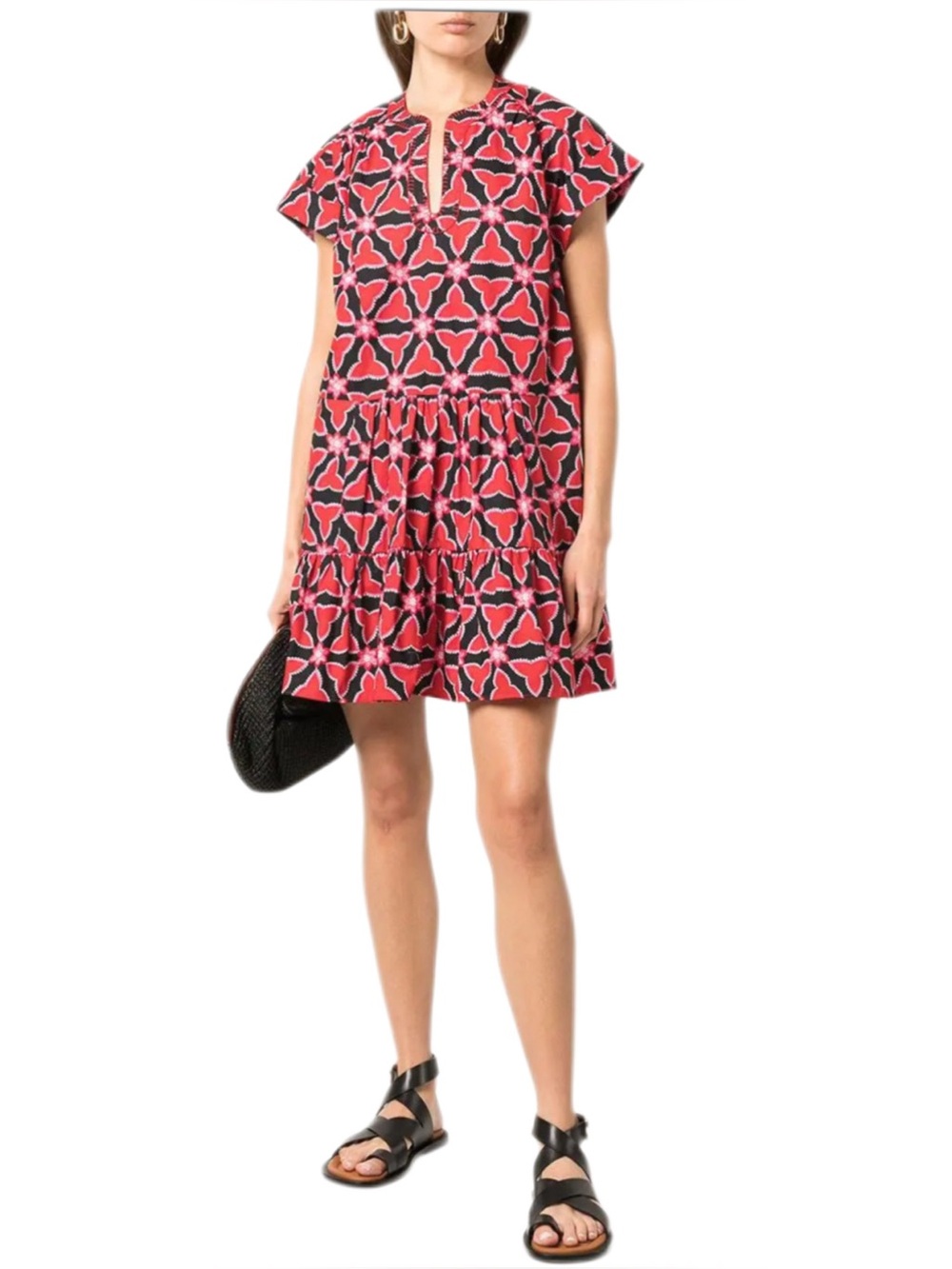 NWOT Saloni Ashley Geometric Mini Dress Red/BlackWhite Cotton Fits Size XS-M